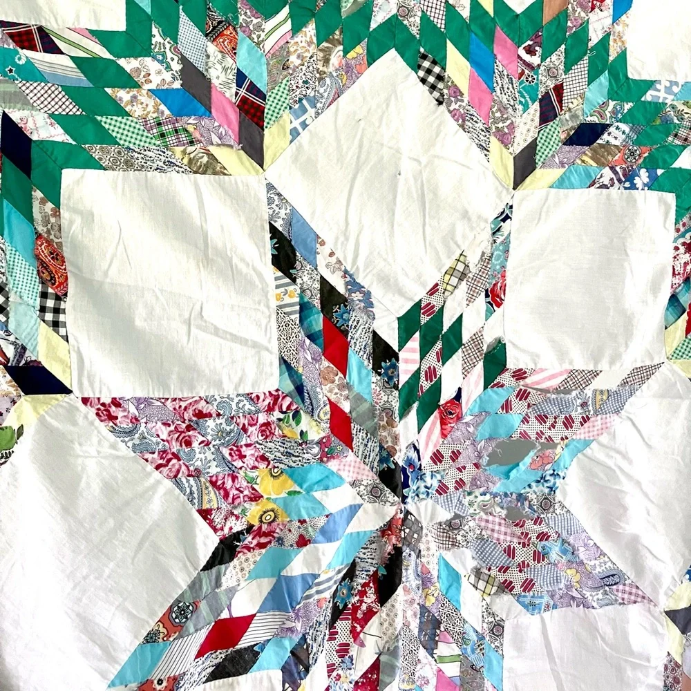 Vintage 40’s novelty feedsack cotton broken star quilt topper cutter quilt